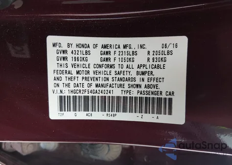 2016 Honda Accord Sport из США, поврежденный, VIN 1HGCR2F54GA240241